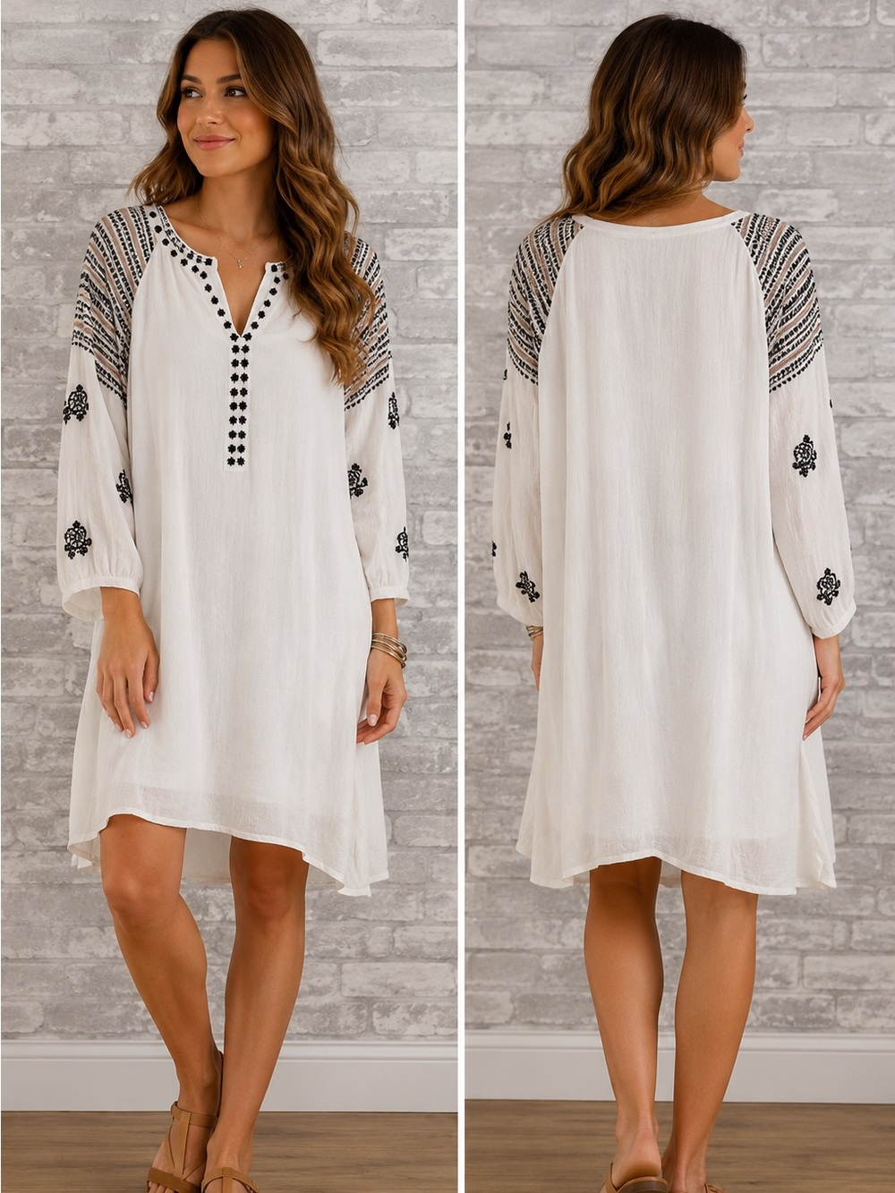 Chico's Cream Black Embroidered Dress Large